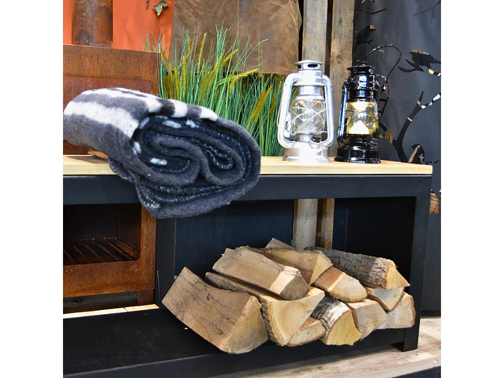 Banc acier et bois avec rangement à bûches Droit