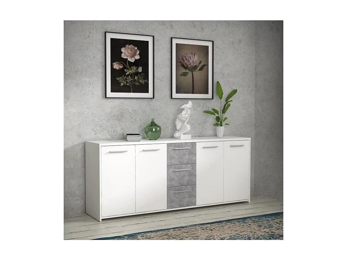 Credenza bassa Truciolare Bianco e grigio cemento 4 ante + 3 cassetti 179 x 42 x 74,5 cm