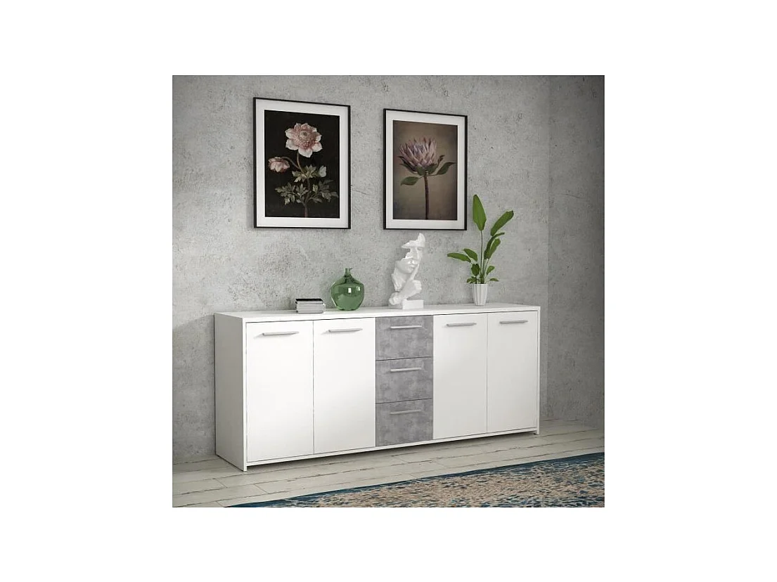 Buffet bas 4 portes 3 tiroirs - Blanc et décor gris béton - L 179 x P 42 x H 74,5 cm