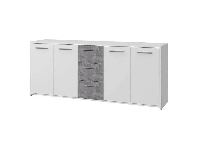 Niedriges Sideboard – Spanplatte – Weiß und Betongrau – 4 Türen + 3 Schubladen – 179 x 42 x 74,5 cm