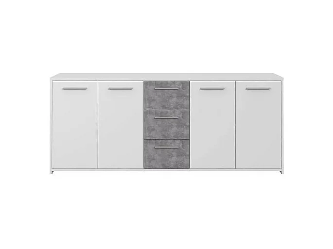 Niedriges Sideboard – Spanplatte – Weiß und Betongrau – 4 Türen + 3 Schubladen – 179 x 42 x 74,5 cm