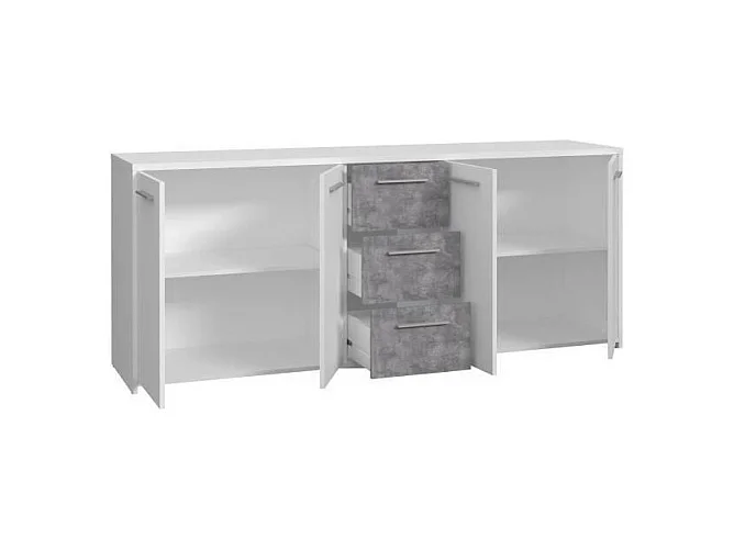 Niedriges Sideboard – Spanplatte – Weiß und Betongrau – 4 Türen + 3 Schubladen – 179 x 42 x 74,5 cm
