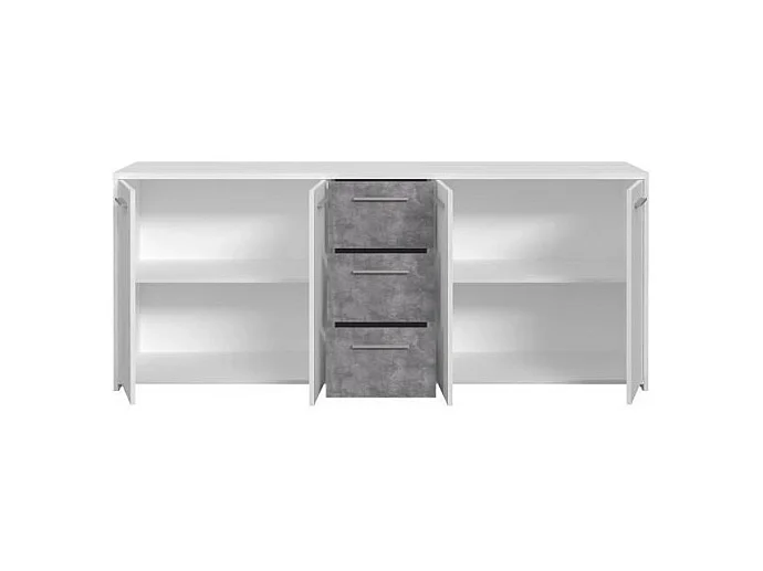 Niedriges Sideboard – Spanplatte – Weiß und Betongrau – 4 Türen + 3 Schubladen – 179 x 42 x 74,5 cm