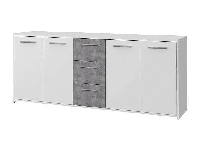Niedriges Sideboard – Spanplatte – Weiß und Betongrau – 4 Türen + 3 Schubladen – 179 x 42 x 74,5 cm