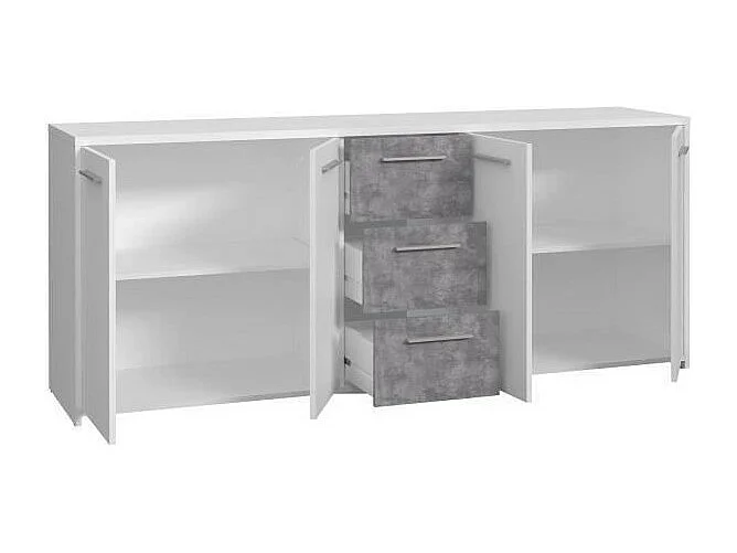 Niedriges Sideboard – Spanplatte – Weiß und Betongrau – 4 Türen + 3 Schubladen – 179 x 42 x 74,5 cm