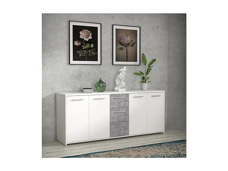 Buffet bas 4 portes 3 tiroirs - Blanc et décor gris béton - L 179 x P 42 x H 74,5 cm