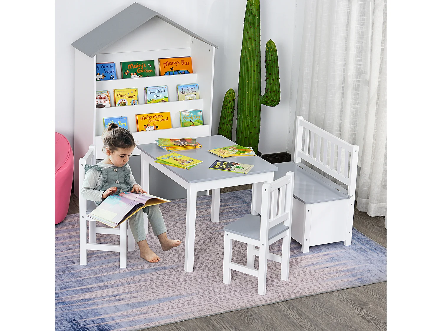 Ensemble de table et chaises enfant - set de 4 pièces - table, 2 chaises, banc coffre 2 en 1 - MDF pin blanc gris