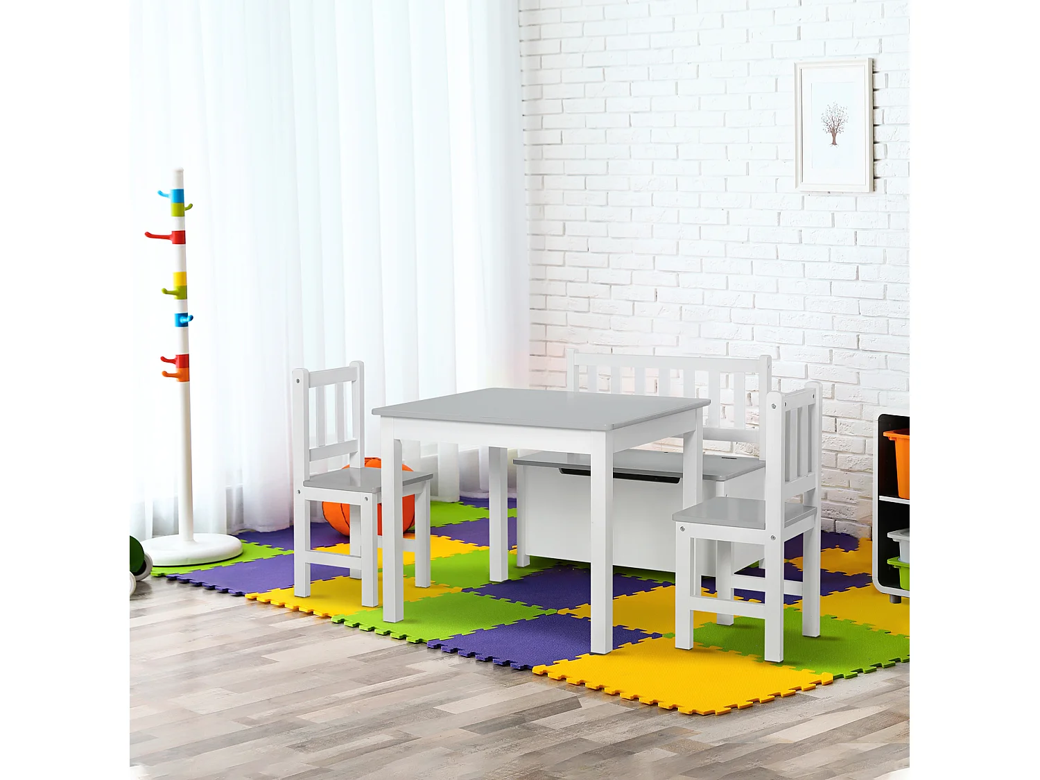 Ensemble de table et chaises enfant - set de 4 pièces - table, 2 chaises, banc coffre 2 en 1 - MDF pin blanc gris
