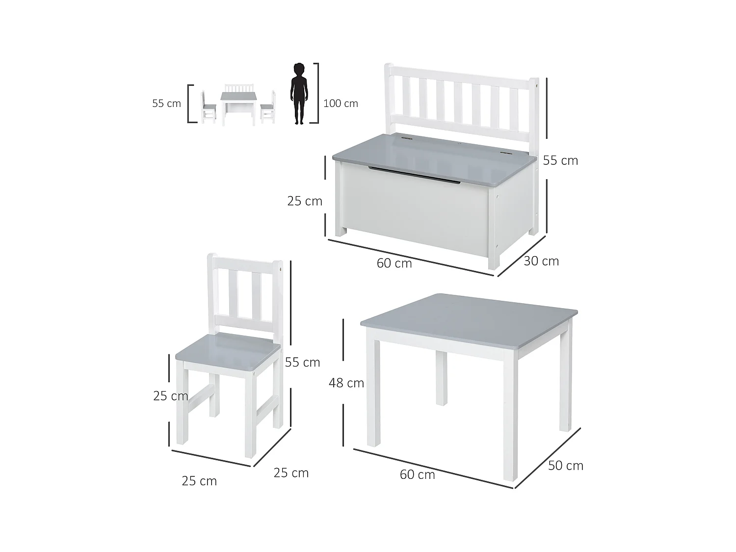 Ensemble de table et chaises enfant - set de 4 pièces - table, 2 chaises, banc coffre 2 en 1 - MDF pin blanc gris