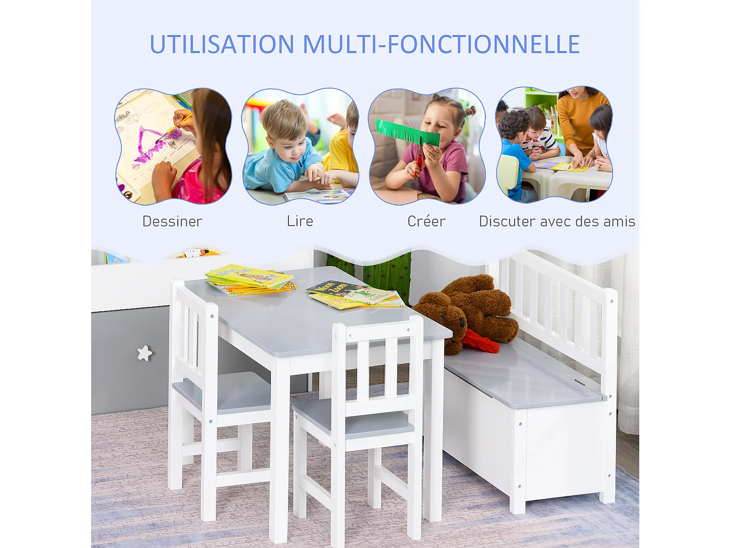 Ensemble de table et chaises enfant - set de 4 pièces - table, 2 chaises, banc coffre 2 en 1 - MDF pin blanc gris