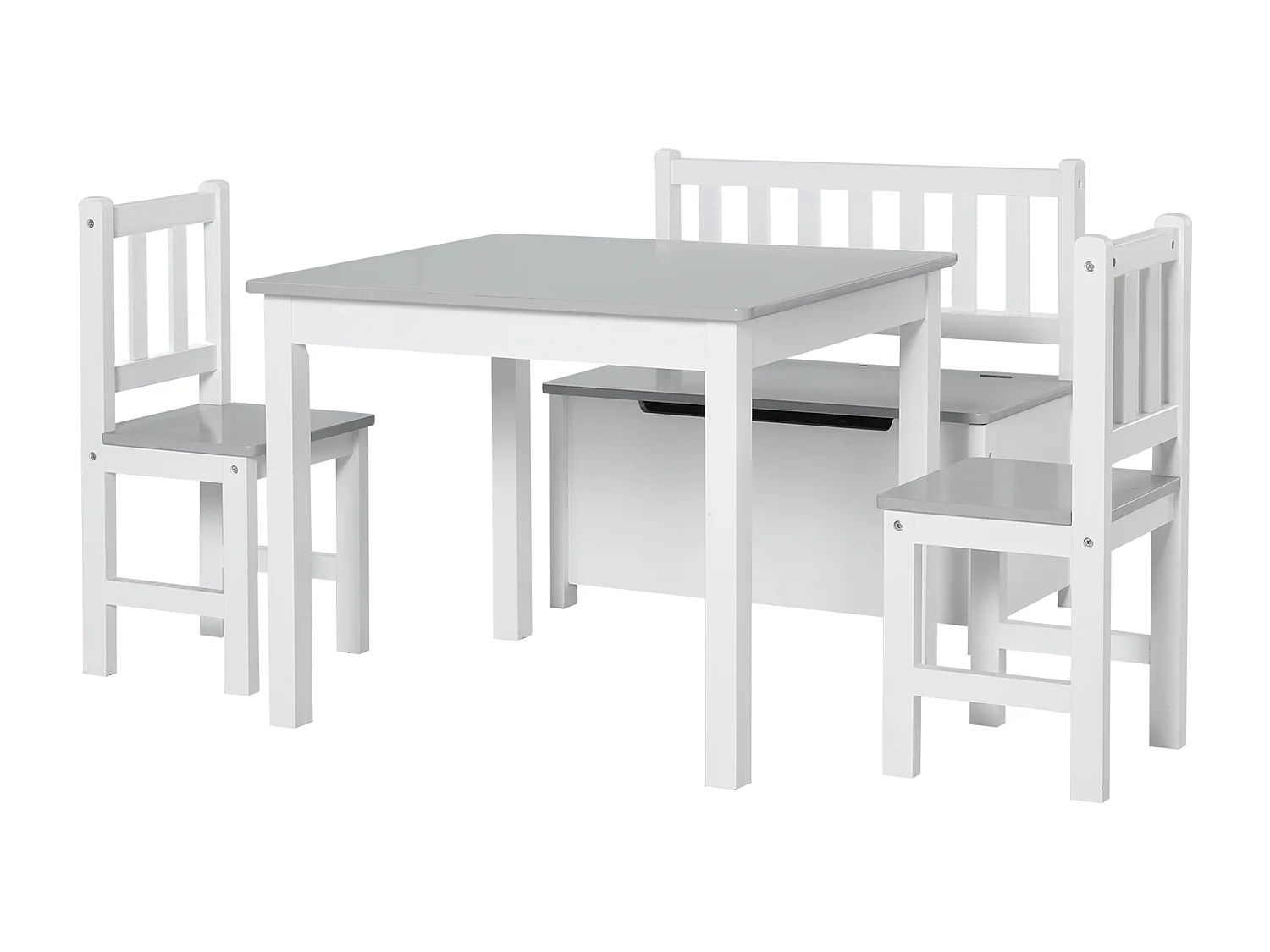 Ensemble de table et chaises enfant - set de 4 pièces - table, 2 chaises, banc coffre 2 en 1 - MDF pin blanc gris