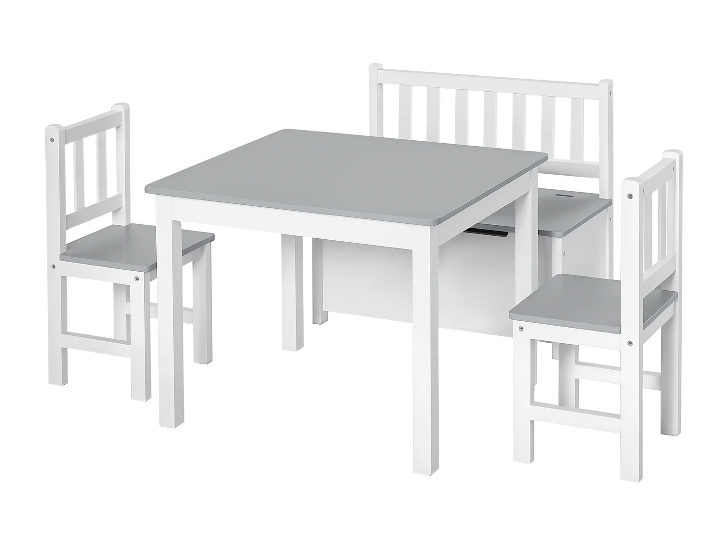 Ensemble de table et chaises enfant - set de 4 pièces - table, 2 chaises, banc coffre 2 en 1 - MDF pin blanc gris
