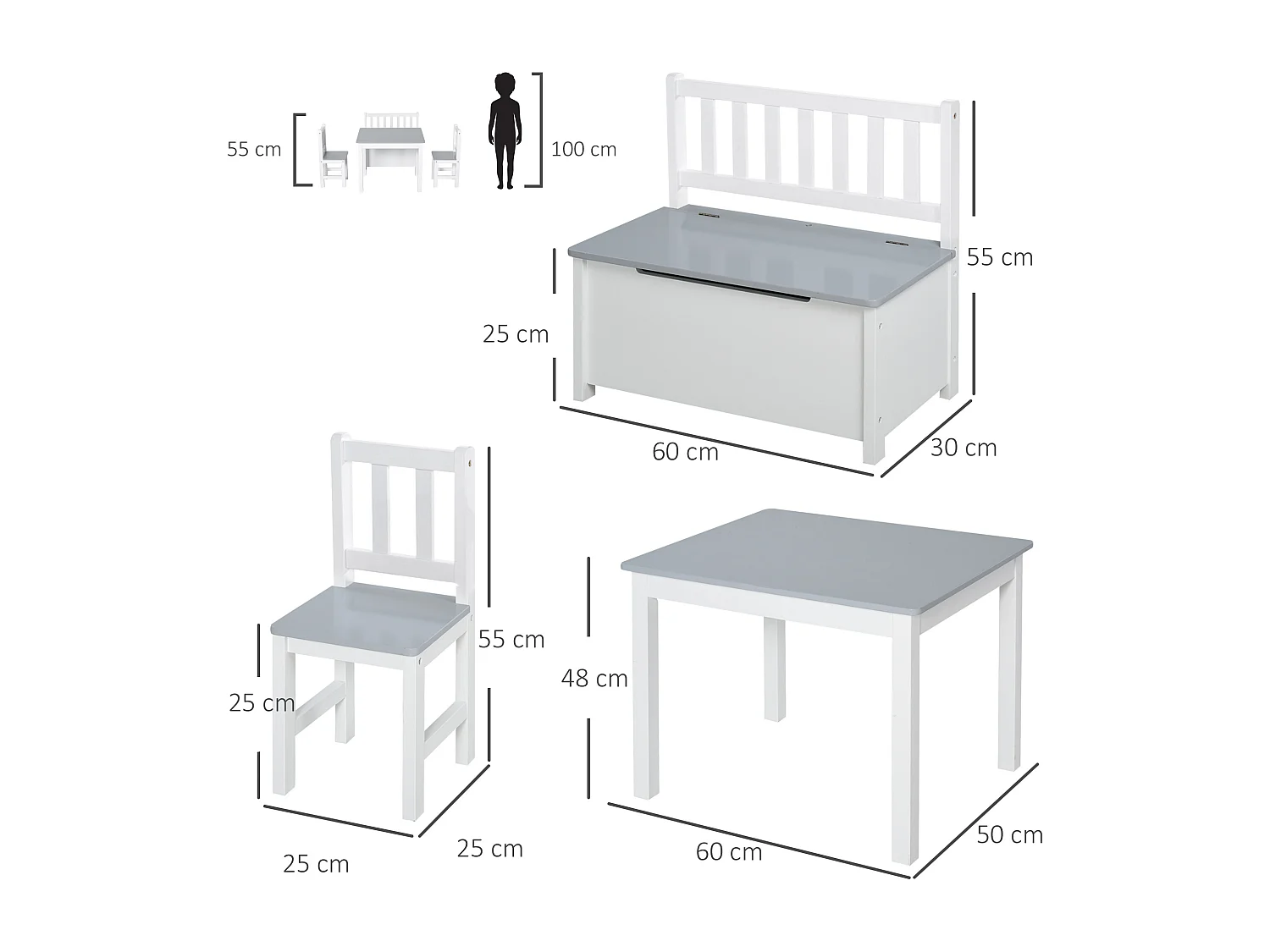 Ensemble de table et chaises enfant - set de 4 pièces - table, 2 chaises, banc coffre 2 en 1 - MDF pin blanc gris