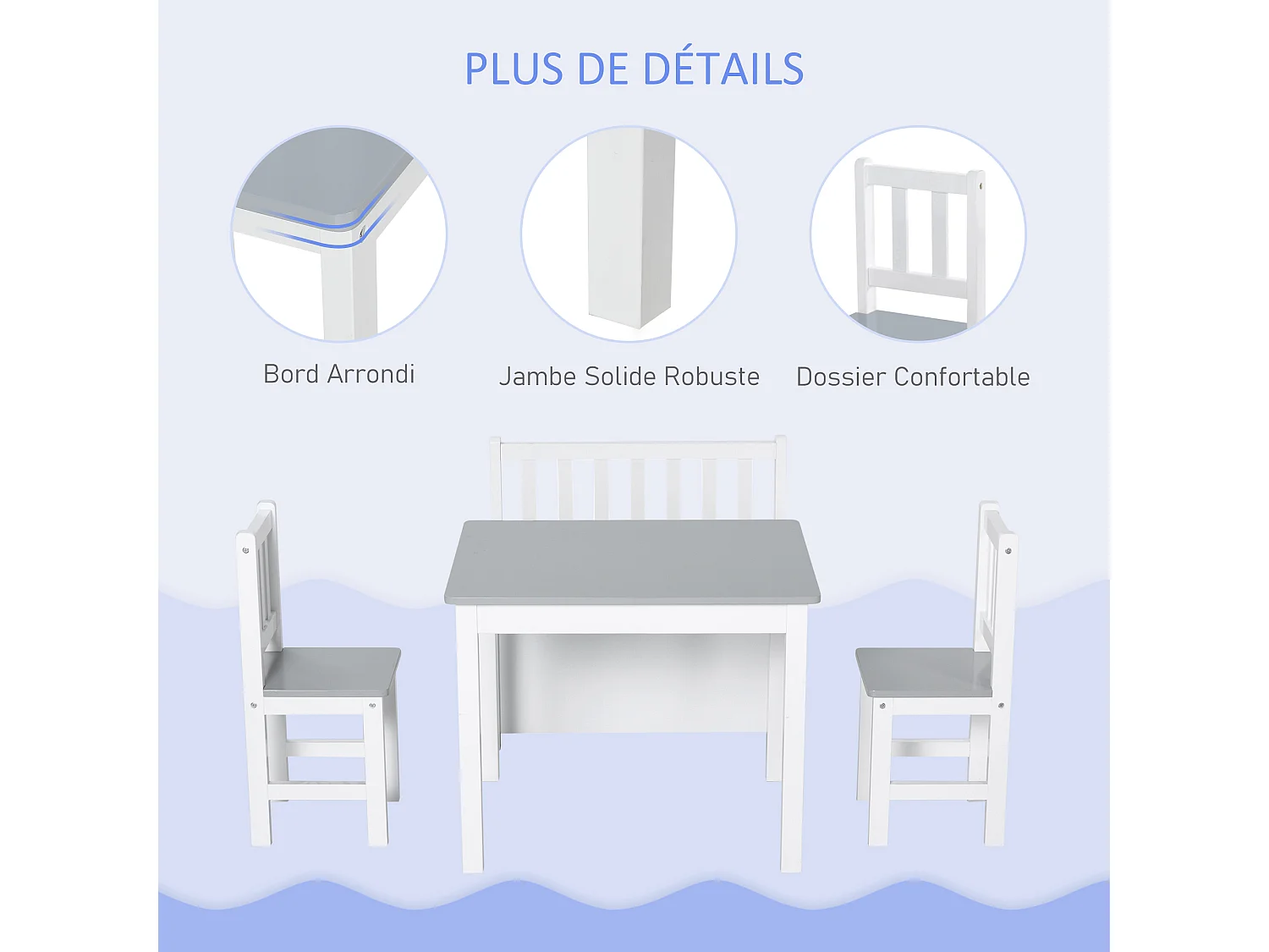 Ensemble de table et chaises enfant - set de 4 pièces - table, 2 chaises, banc coffre 2 en 1 - MDF pin blanc gris