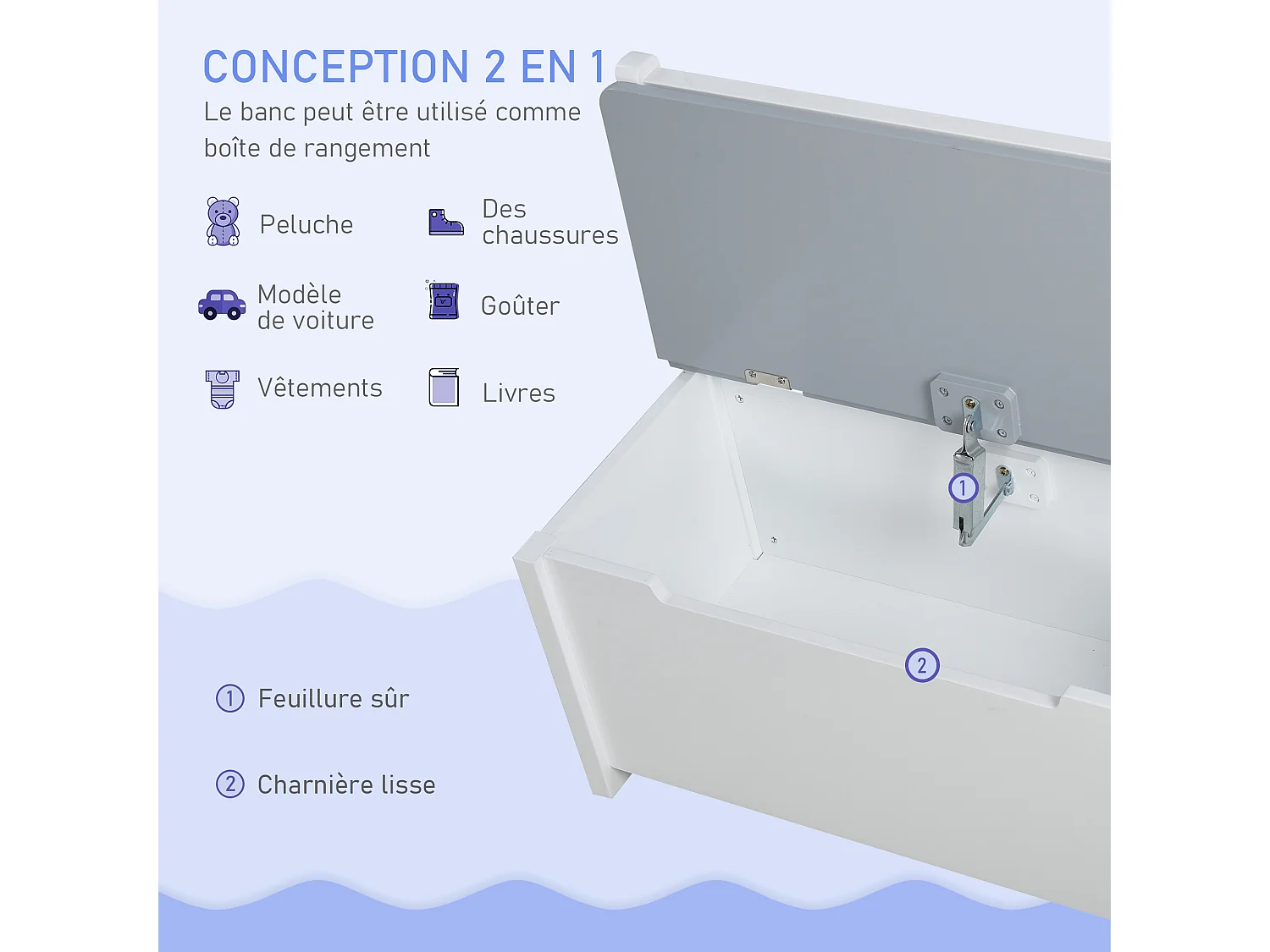 Ensemble de table et chaises enfant - set de 4 pièces - table, 2 chaises, banc coffre 2 en 1 - MDF pin blanc gris