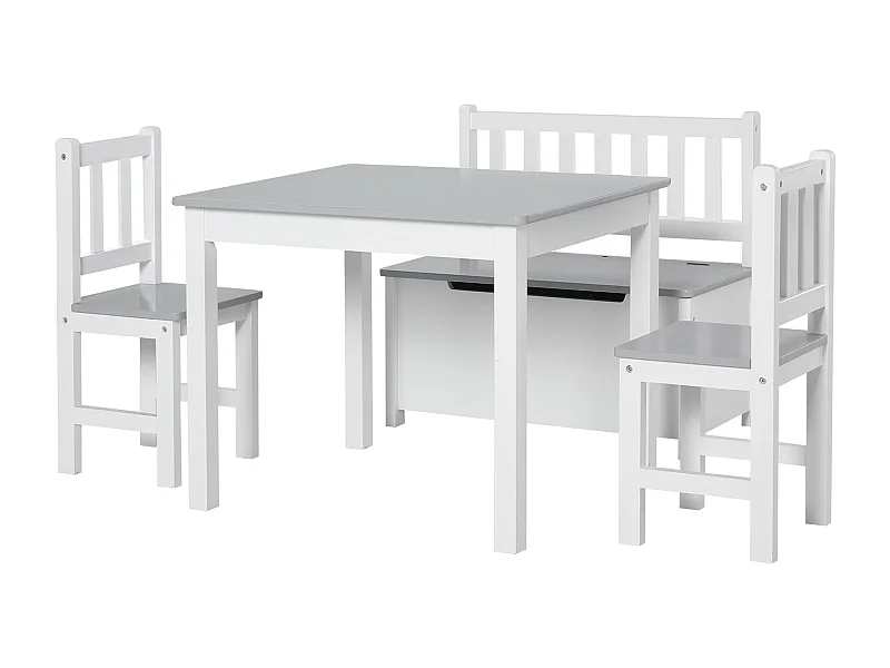 Ensemble de table et chaises enfant - set de 4 pièces - table, 2 chaises, banc coffre 2 en 1 - MDF pin blanc gris