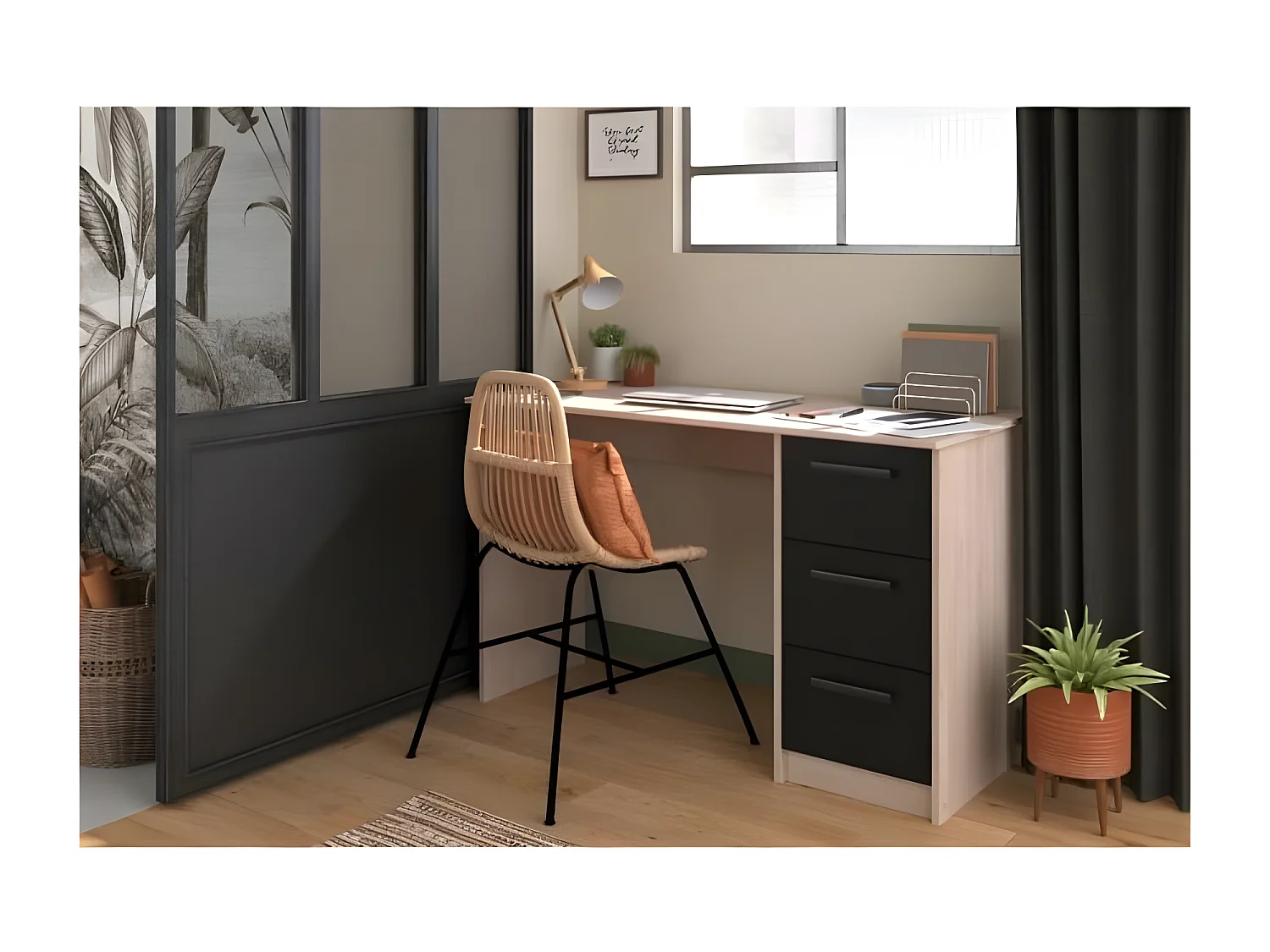 Bureau droit 3 tiroirs - Décor chene Brooklyn - L 121,4 x P 55 x H 74.5 cm - ESSENTIELLE