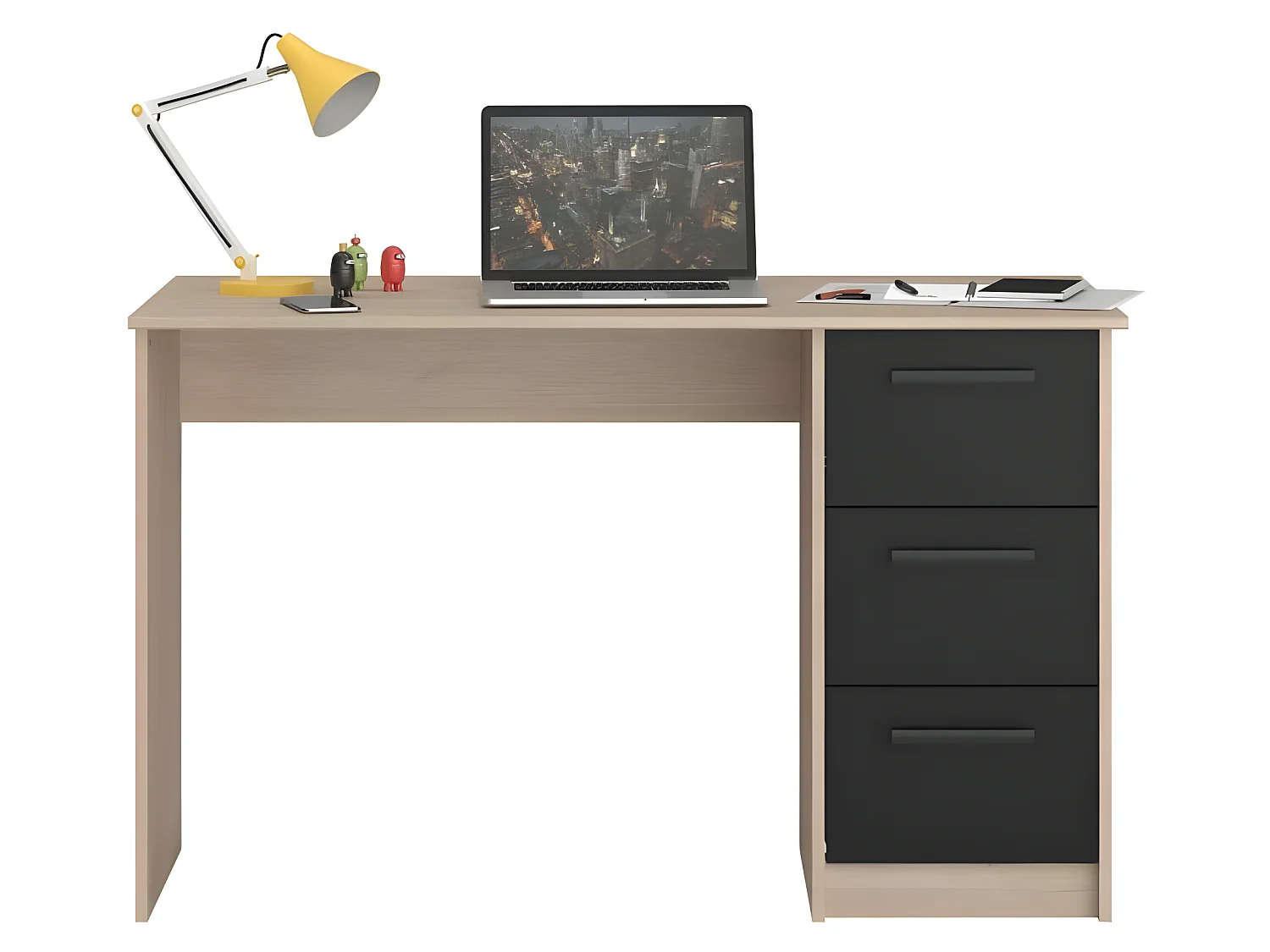 Bureau droit 3 tiroirs - Décor chene Brooklyn - L 121,4 x P 55 x H 74.5 cm - ESSENTIELLE