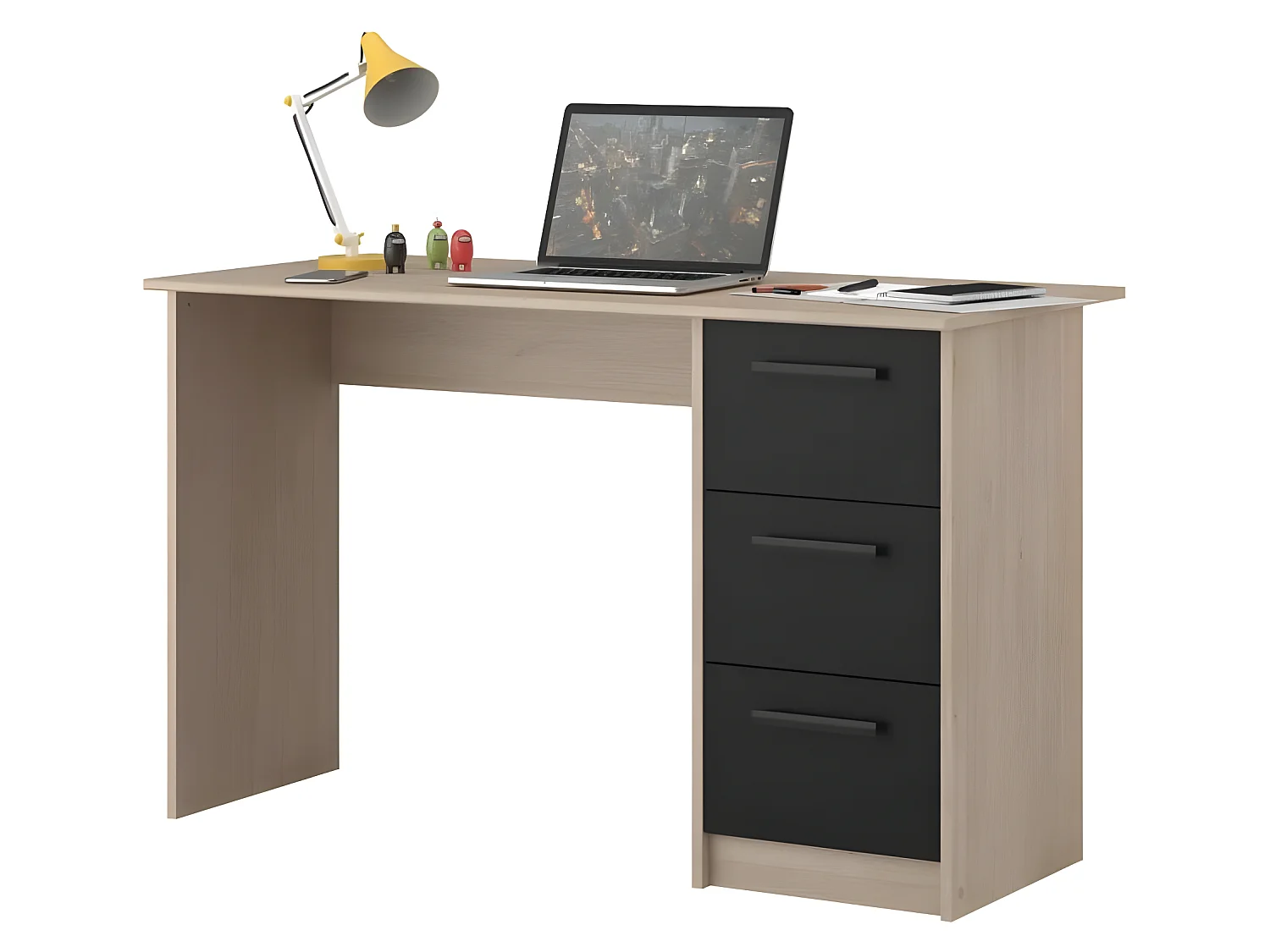 Bureau droit 3 tiroirs - Décor chene Brooklyn - L 121,4 x P 55 x H 74.5 cm - ESSENTIELLE
