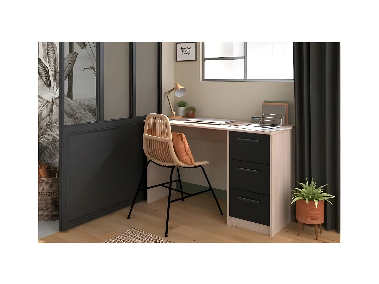 Bureau droit 3 tiroirs - Décor chene Brooklyn - L 121,4 x P 55 x H 74.5 cm - ESSENTIELLE