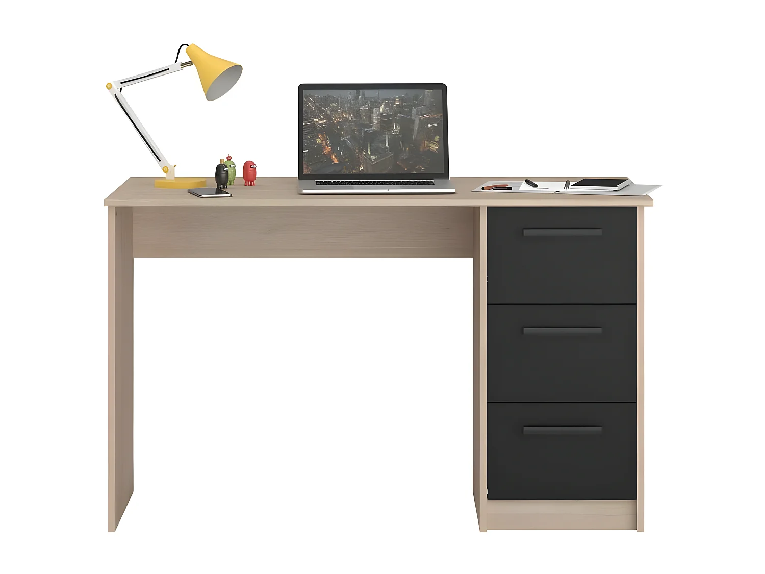 Bureau droit 3 tiroirs - Décor chene Brooklyn - L 121,4 x P 55 x H 74.5 cm - ESSENTIELLE