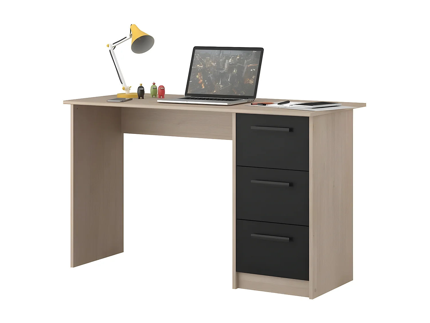 Bureau droit 3 tiroirs - Décor chene Brooklyn - L 121,4 x P 55 x H 74.5 cm - ESSENTIELLE
