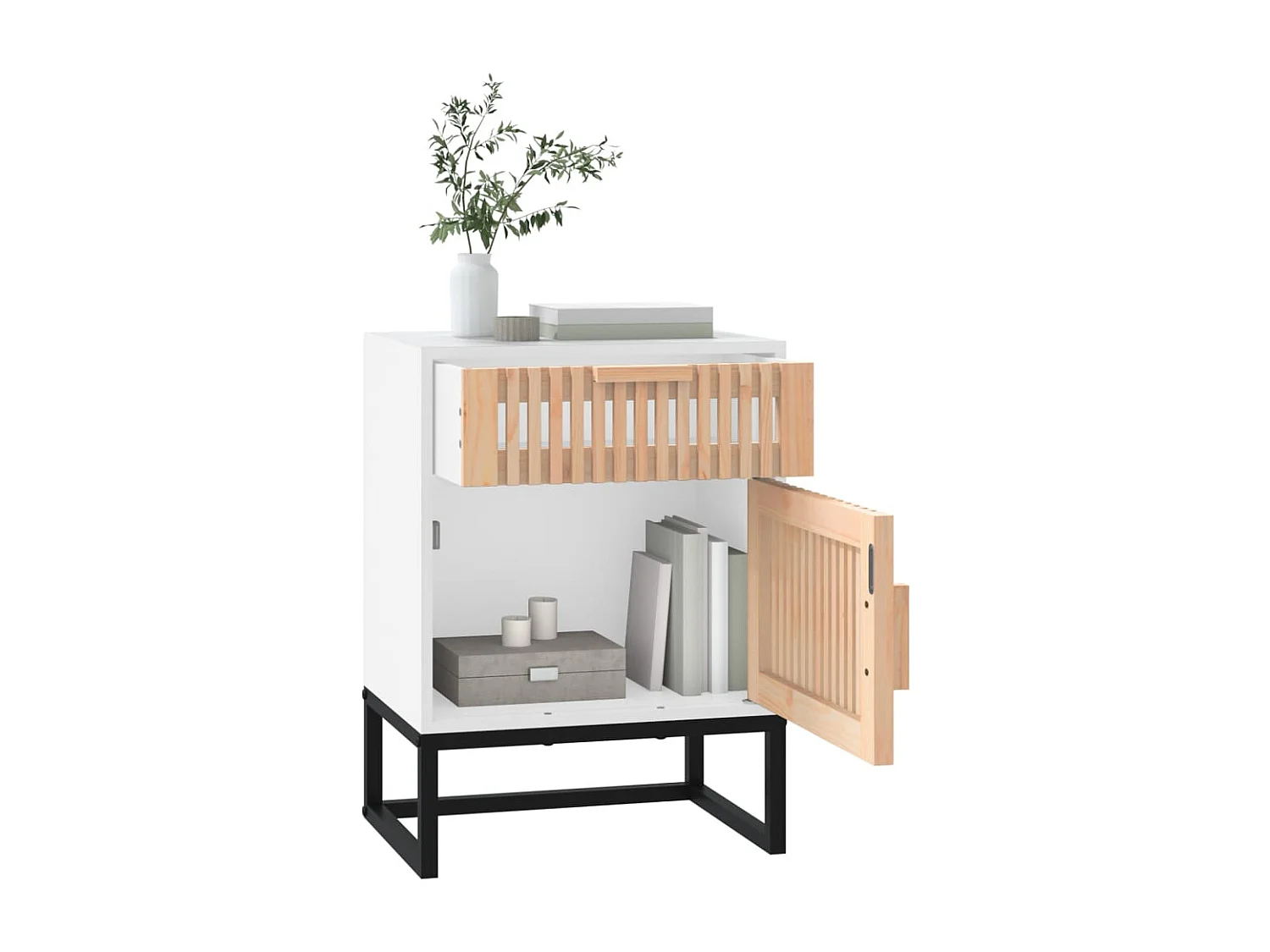 Nachtkastje 40x30x55,5 cm bewerkt hout en ijzer wit