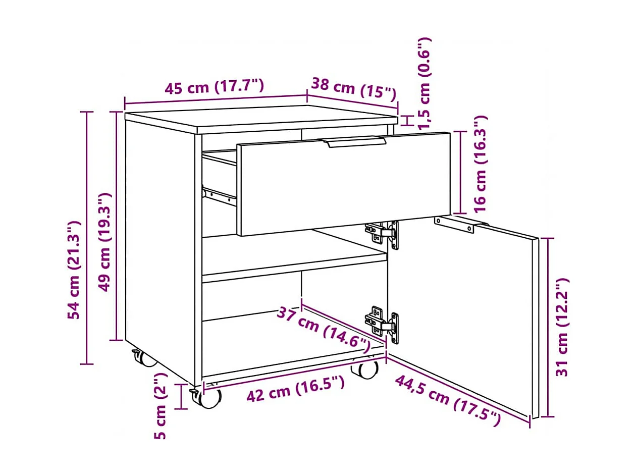 Classeur mobile avec roues noir 45x38x54 cm bois d'ingénierie