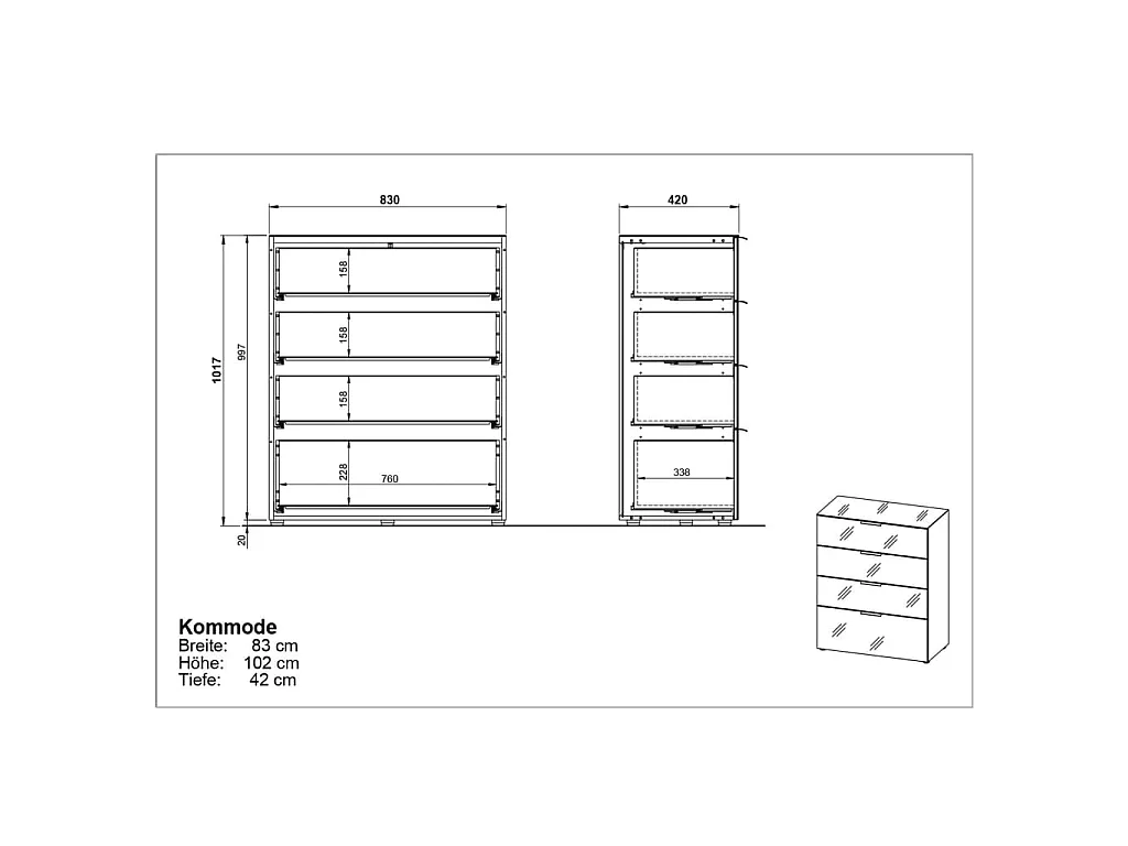 Germania Cassettiera con 4 Cassetti GW-Oakland Nero
