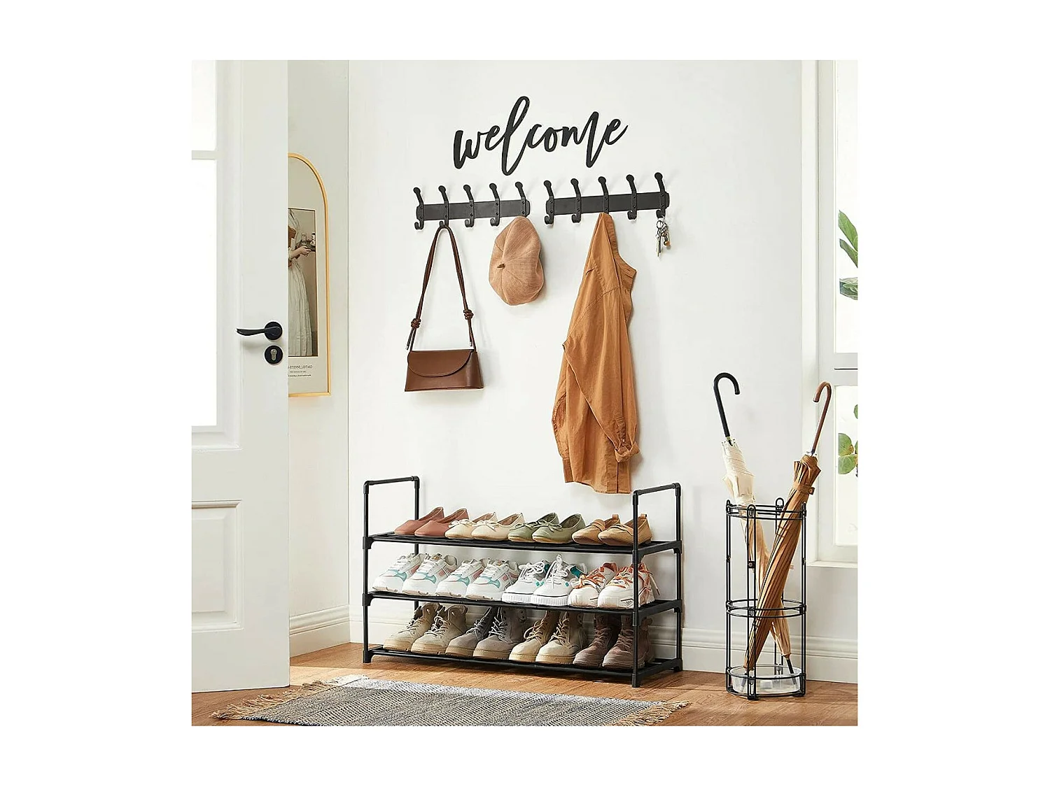 Estante de zapatos de 3 niveles en metal negro - 15 pares