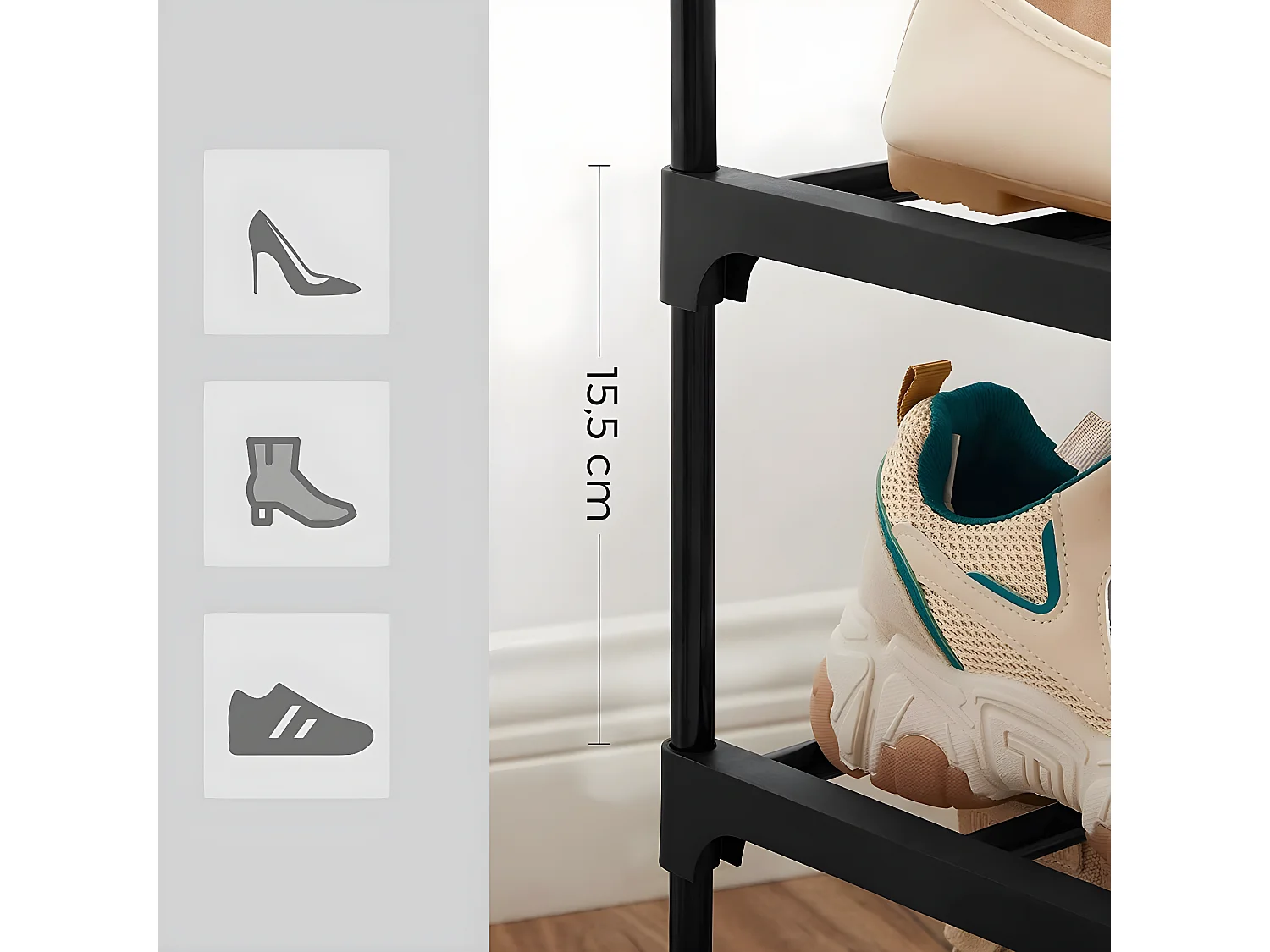 Estante de zapatos de 3 niveles en metal negro - 15 pares