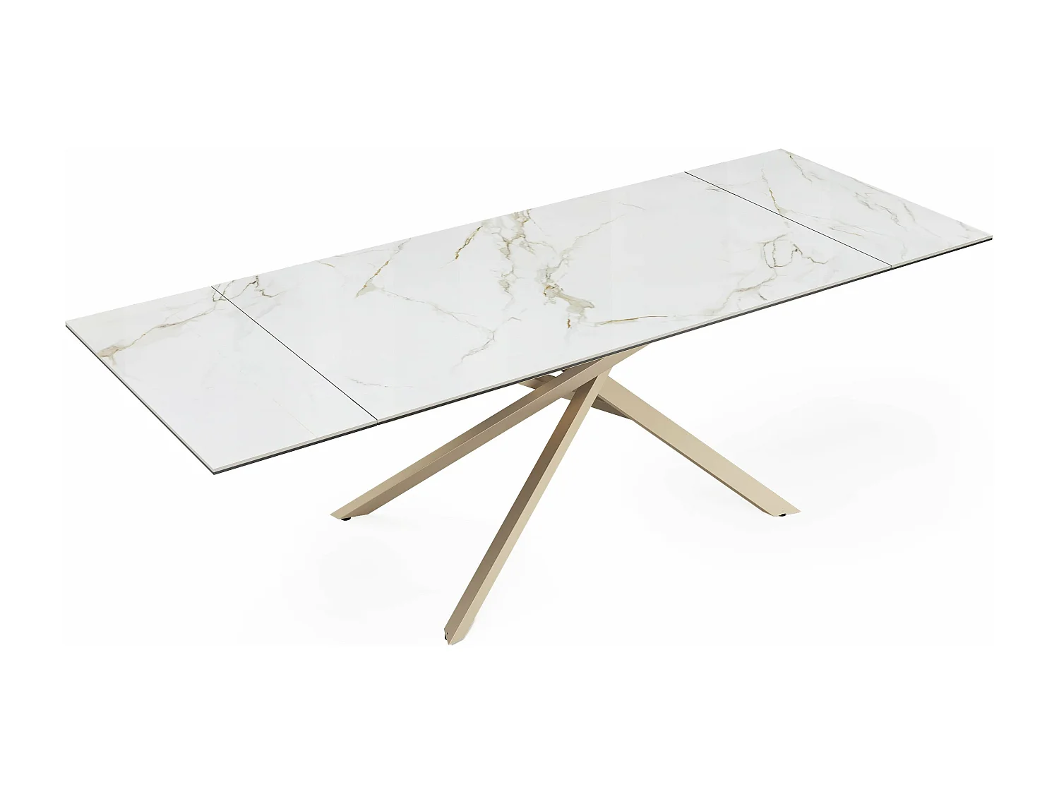 Table extensible céramique marbre blanc, verre trempé et pieds dorés