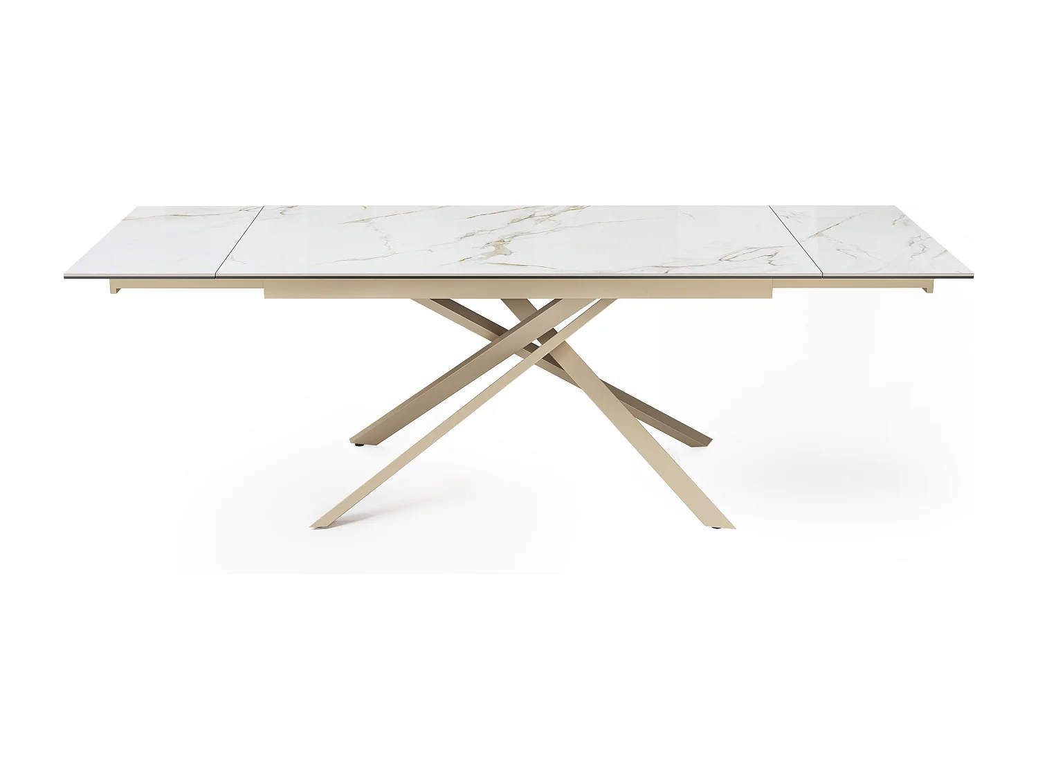 Table extensible céramique marbre blanc, verre trempé et pieds dorés