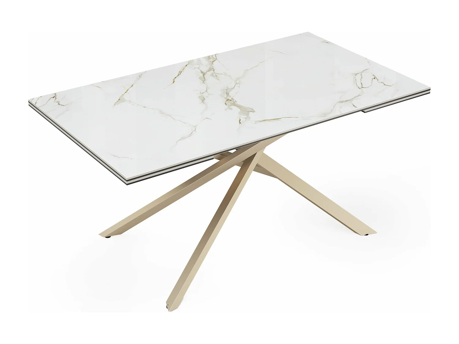 Table extensible céramique marbre blanc, verre trempé et pieds dorés