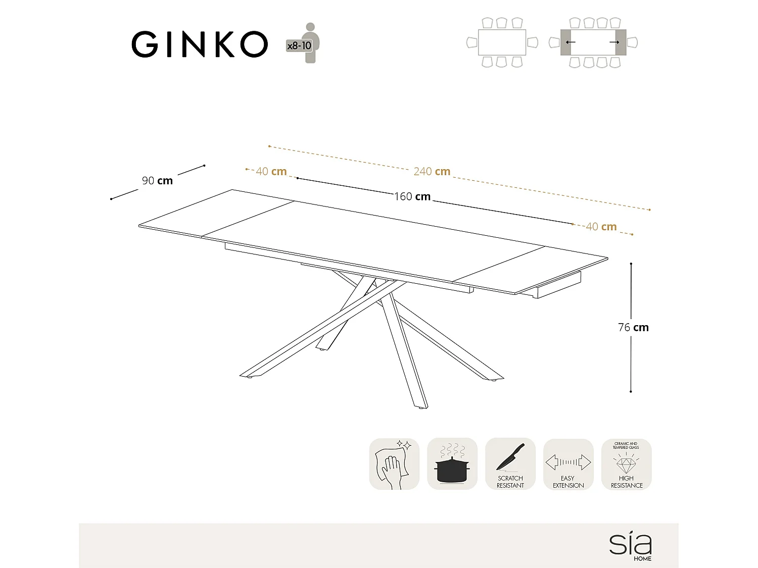 Table extensible céramique marbre blanc, verre trempé et pieds dorés
