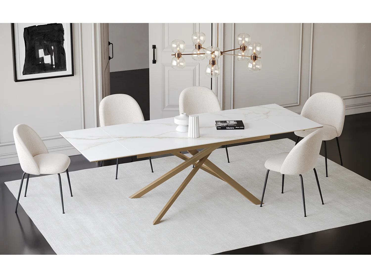 Table extensible céramique marbre blanc, verre trempé et pieds dorés