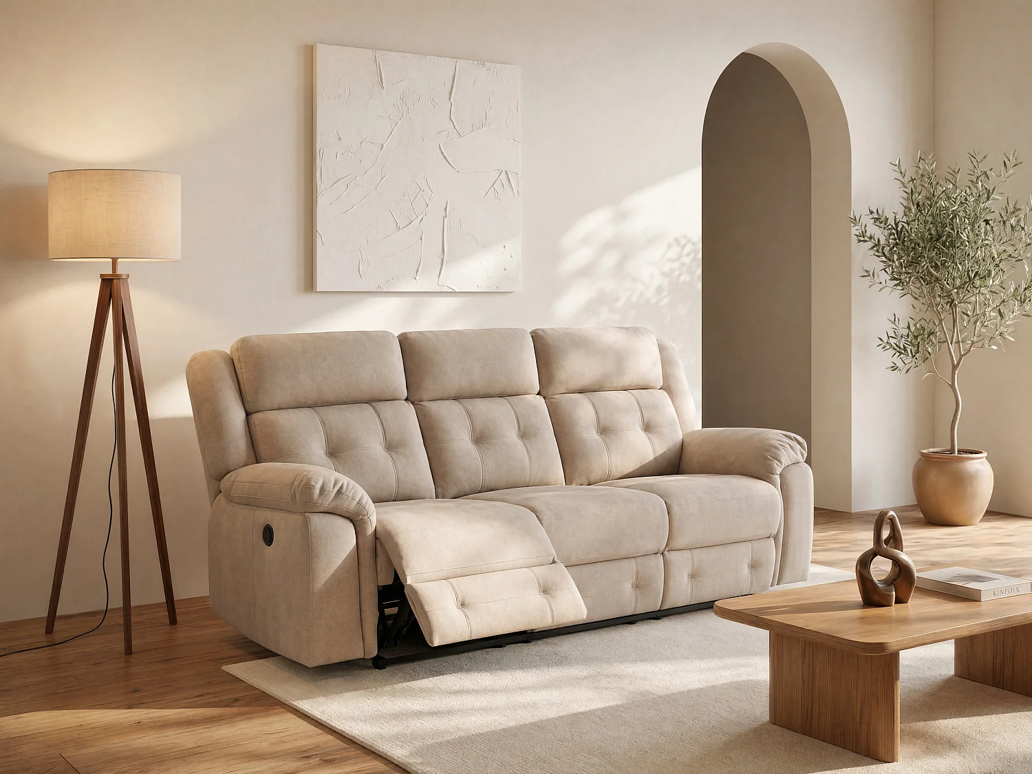 Canapé 3 places relax électrique en microfibre beige ORTIANO
