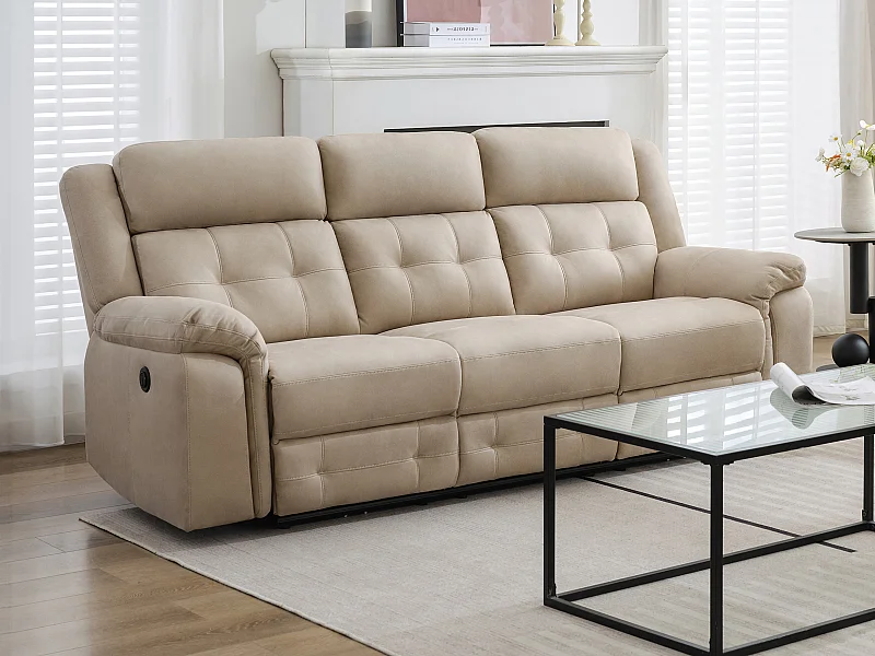 Elektrische driezitsrelaxbank van beige microvezel ORTIANO