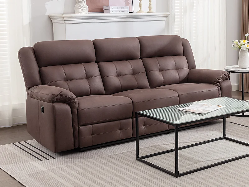 Canapé 3 places relax électrique en microfibre aspect cuir vieilli marron ORTIANO