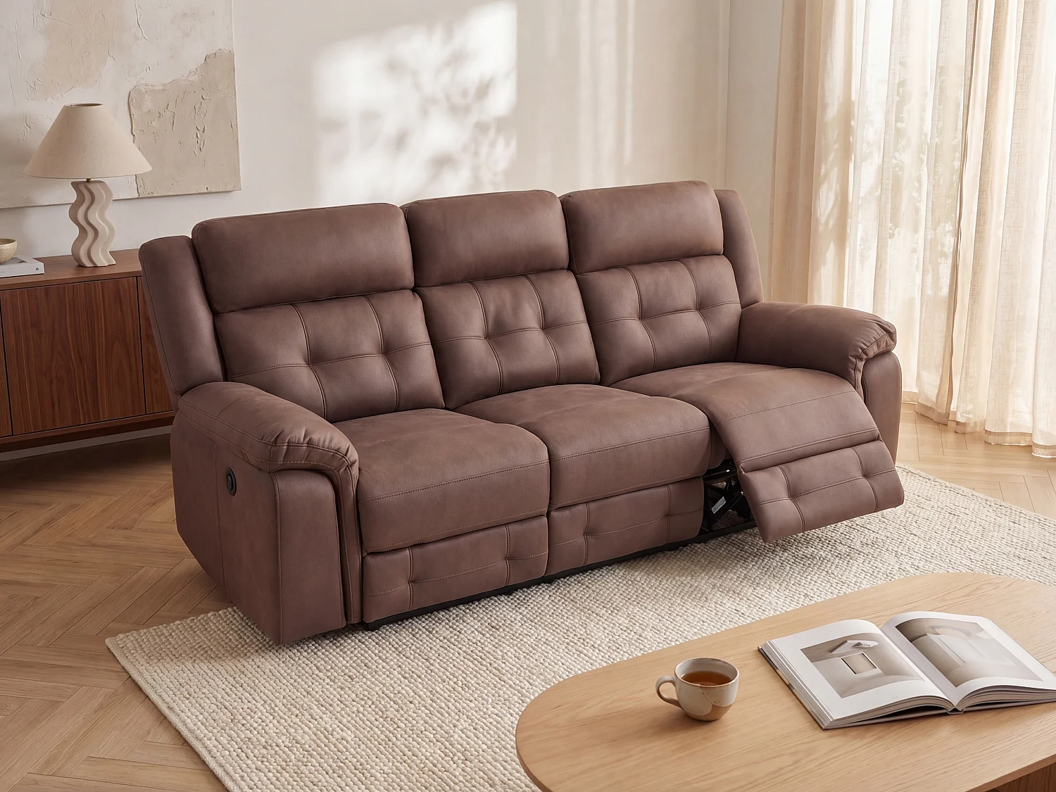 Kanapa 3-osobowa z elektryczną funkcją relax z brązowej mikrofibry o wyglądzie postarzanej skóry - ORTIANO