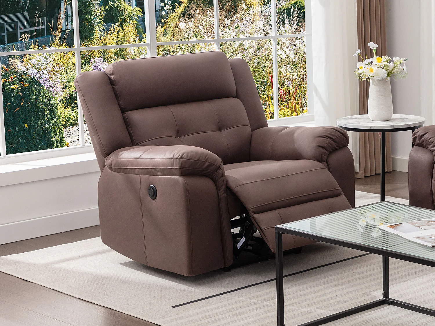 Elektrische driezitsrelaxfauteuil van bruin microvezel met verouderd leereffect ORTIANO
