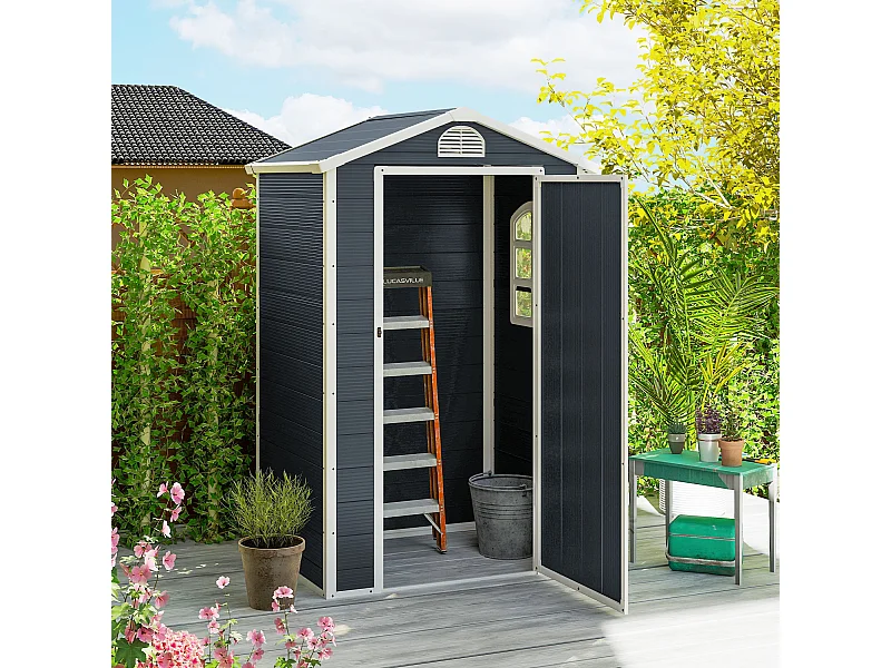 Abri de jardin - cabanon porte verrouillable, fenêtre - dim. 1,34L x 1,04l x 2,04H m - résine PP ondulée anthracite