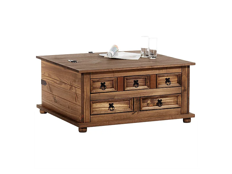 Table basse de salon TEQUILA coffre malle de rangement rectangulaire en bois style mexicain avec 5 tiroirs pin massif lasuré brun