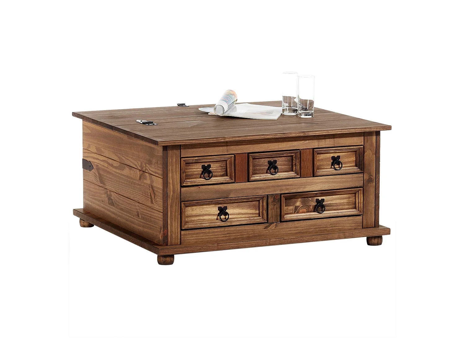 Table basse de salon TEQUILA coffre malle de rangement rectangulaire en bois style mexicain avec 5 tiroirs pin massif lasuré brun