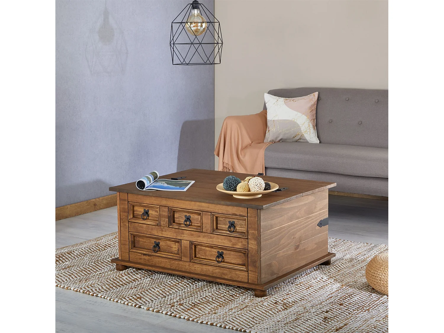 Table basse de salon TEQUILA coffre malle de rangement rectangulaire en bois style mexicain avec 5 tiroirs pin massif lasuré brun