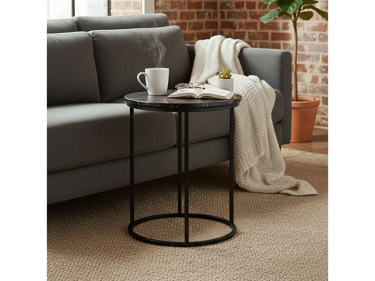 MARVA - Table d'Appoint Marbre et Piètement Noir