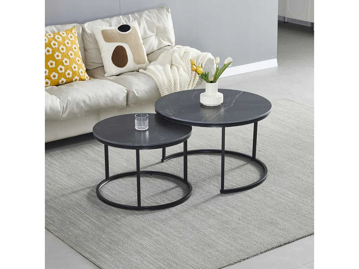 MARVA - Duo de Tables Gigognes Marbre et Piètement Noir