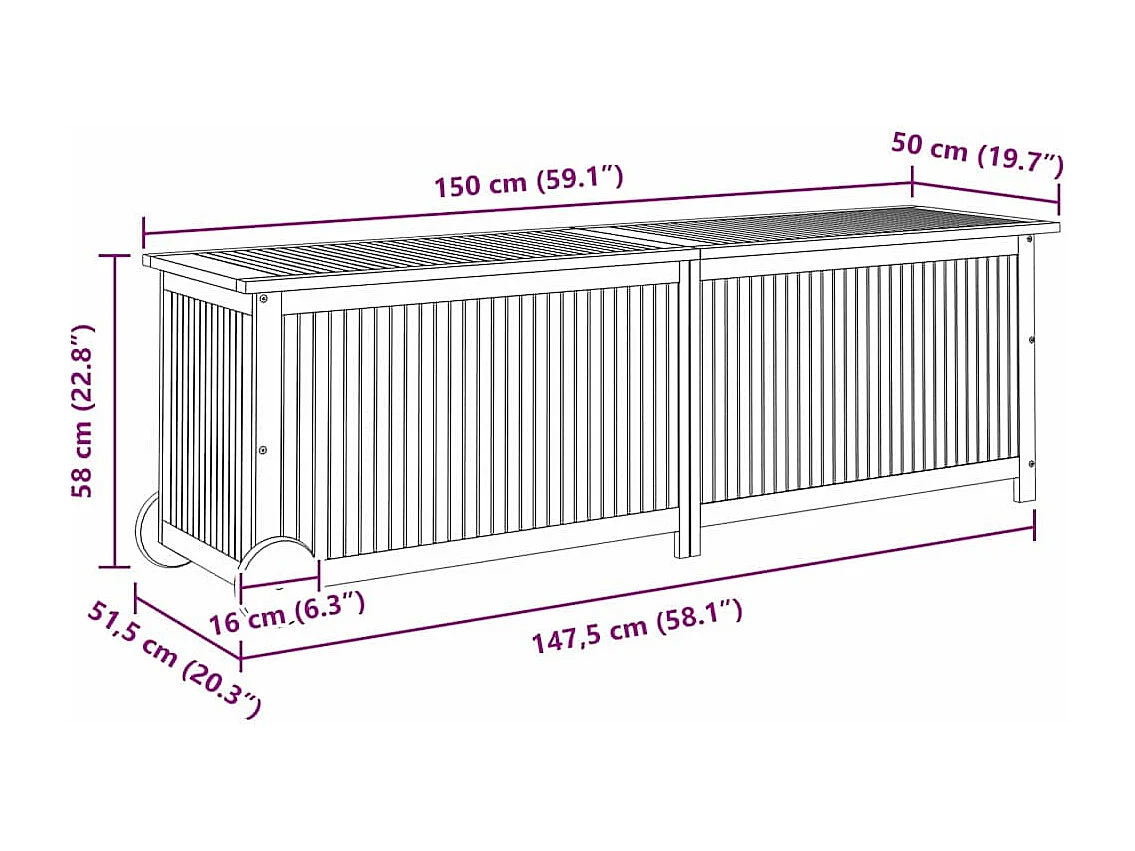 Boîte de rangement de jardin avec roues 150x50x58cm bois acacia