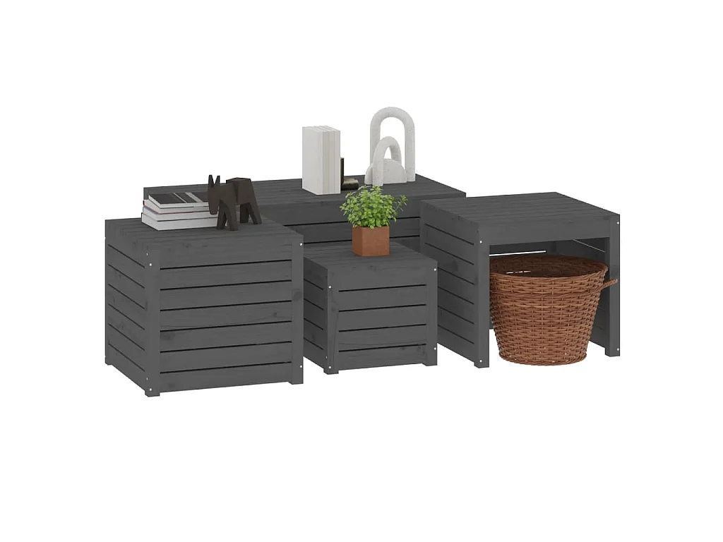 Set Cassette da Giardino 4 pz Grigio in Legno Massello di Pino