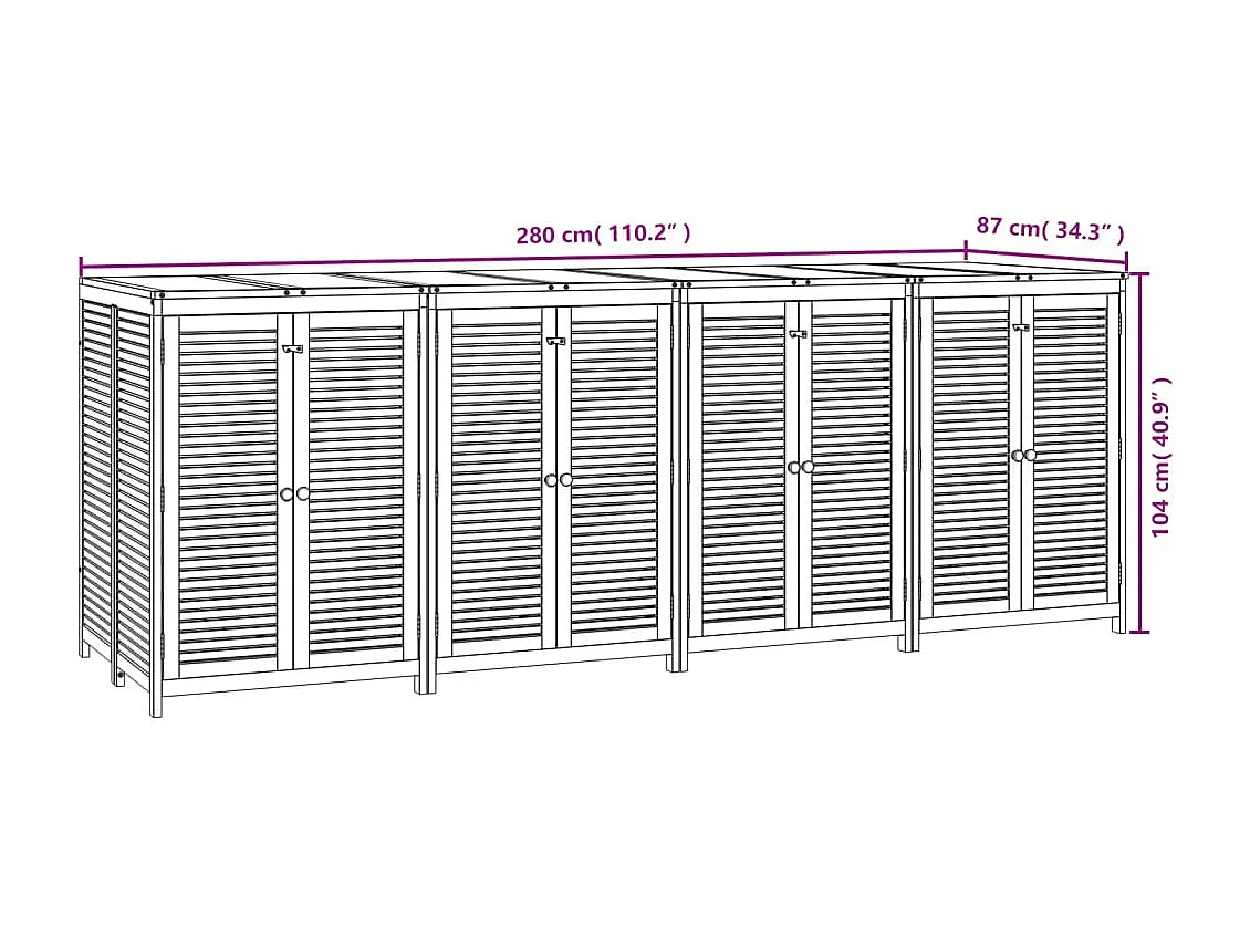 Boîte de rangement de jardin 280x87x104 cm bois massif d'acacia